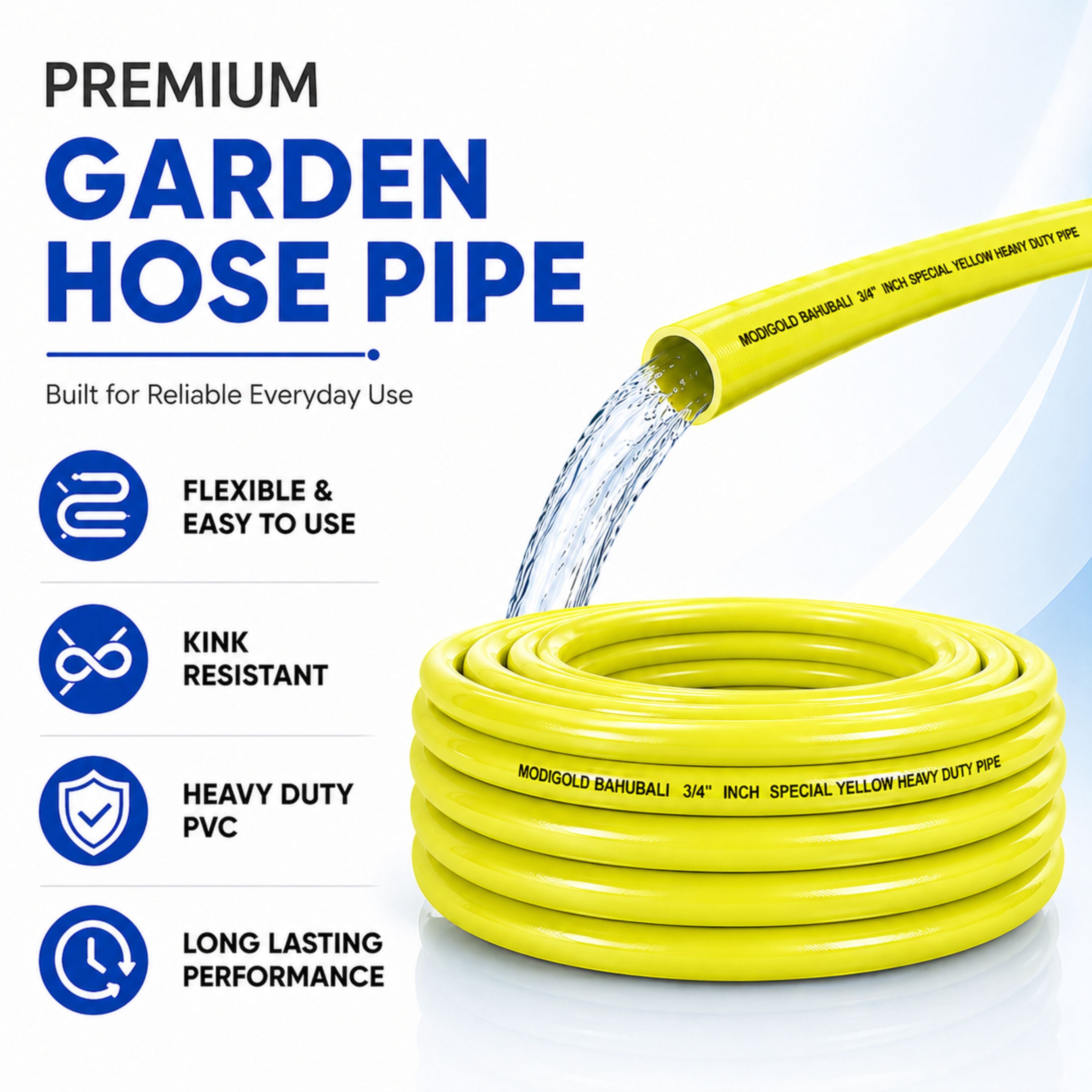 3/4 Inch Garden Hose 15 Meter (0.75 Inch) – Heavy Duty Yellow PVC Water Pipe with Tap Connector & SS Clamps | Flexible Watering & Car Wash Hose
