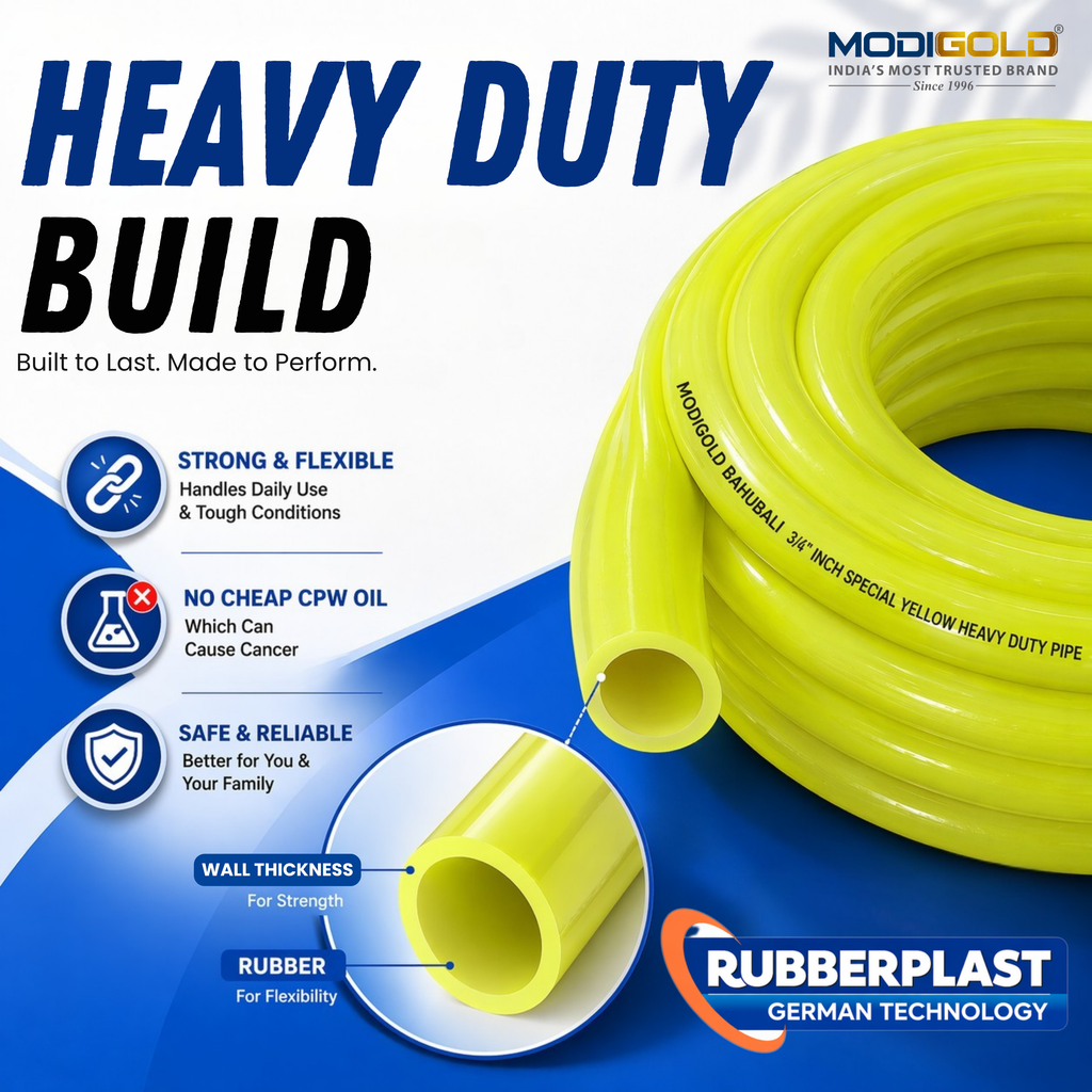 3/4 Inch Garden Hose 15 Meter (0.75 Inch) – Heavy Duty Yellow PVC Water Pipe with Tap Connector & SS Clamps | Flexible Watering & Car Wash Hose