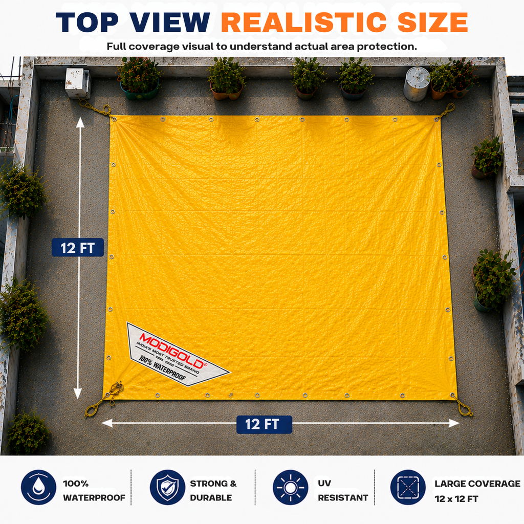 12FT x 12FT Yellow Tarpaulin Sheet Waterproof with 170 GSM, Virgin Material, UV Resistant,Aluminum Eyelets - Laminated, Heavy Duty Tadpatri, Tarpaulin Plastic Sheet for Covering