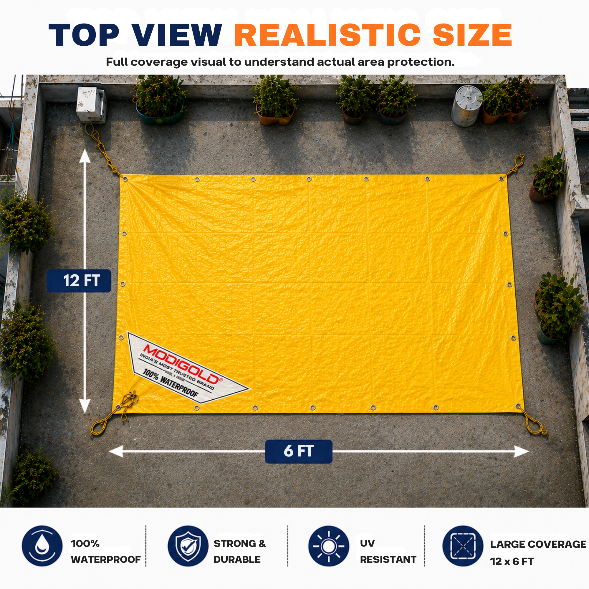 12FT x 06FT Yellow Tarpaulin Sheet Waterproof with 170 GSM, Virgin Material, UV Resistant,Aluminum Eyelets - Laminated, Heavy Duty Tadpatri, Tarpaulin Plastic Sheet for Covering