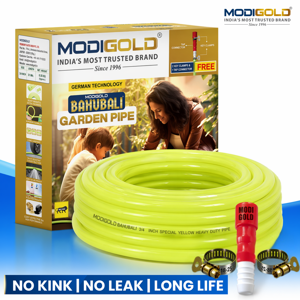 3/4 Inch Garden Hose 15 Meter (0.75 Inch) – Heavy Duty Yellow PVC Water Pipe with Tap Connector & SS Clamps | Flexible Watering & Car Wash Hose