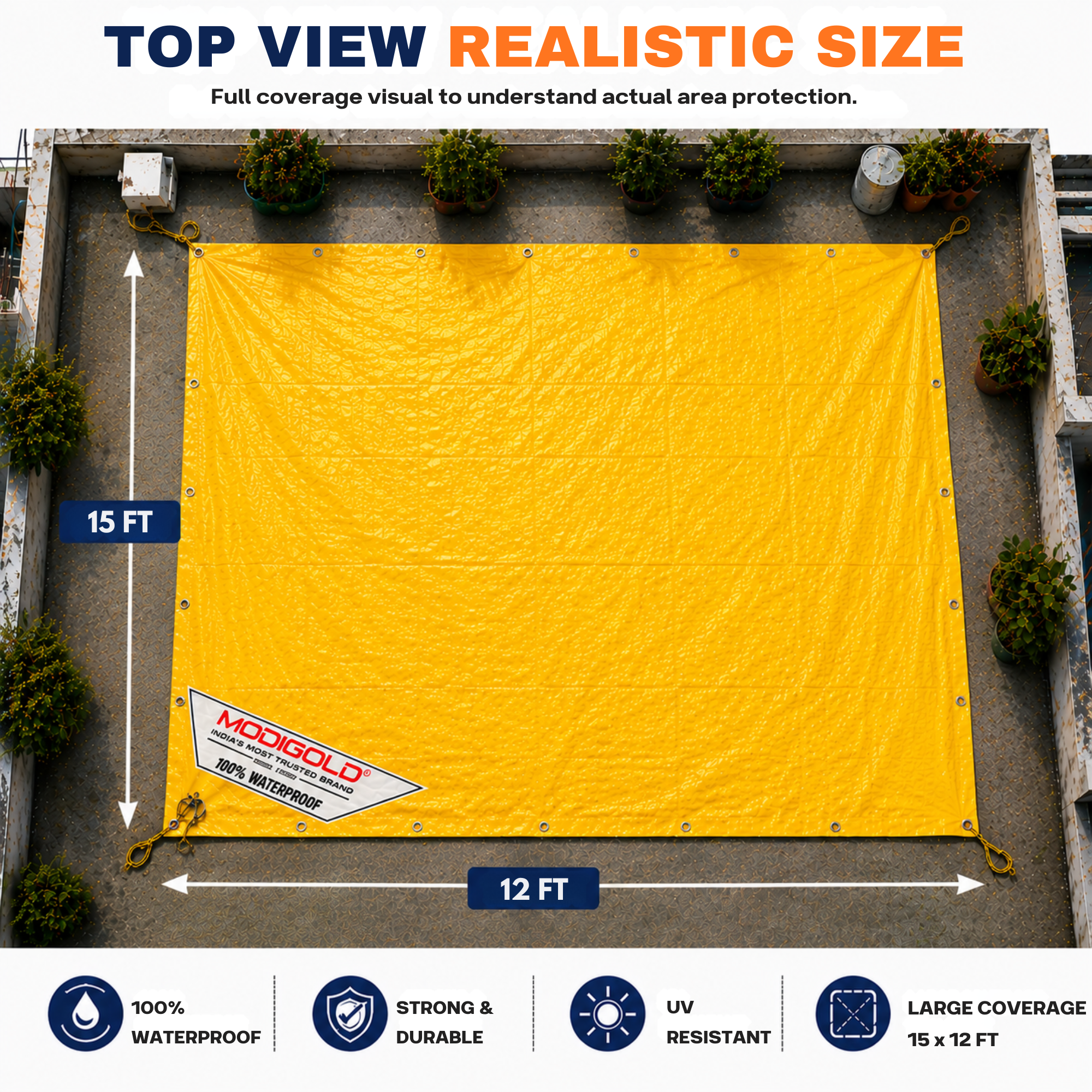 15FT x 12FT Yellow Tarpaulin Sheet Waterproof with 170 GSM, Virgin Material, UV Resistant,Aluminum Eyelets - Laminated, Heavy Duty Tadpatri, Tarpaulin Plastic Sheet for Covering