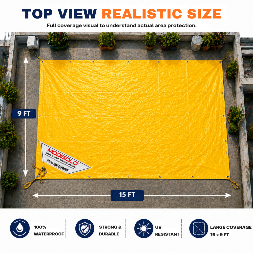 15FT x 09FT Yellow Tarpaulin Sheet Waterproof with 170 GSM, Virgin Material, UV Resistant,Aluminum Eyelets - Laminated, Heavy Duty Tadpatri, Tarpaulin Plastic Sheet for Covering