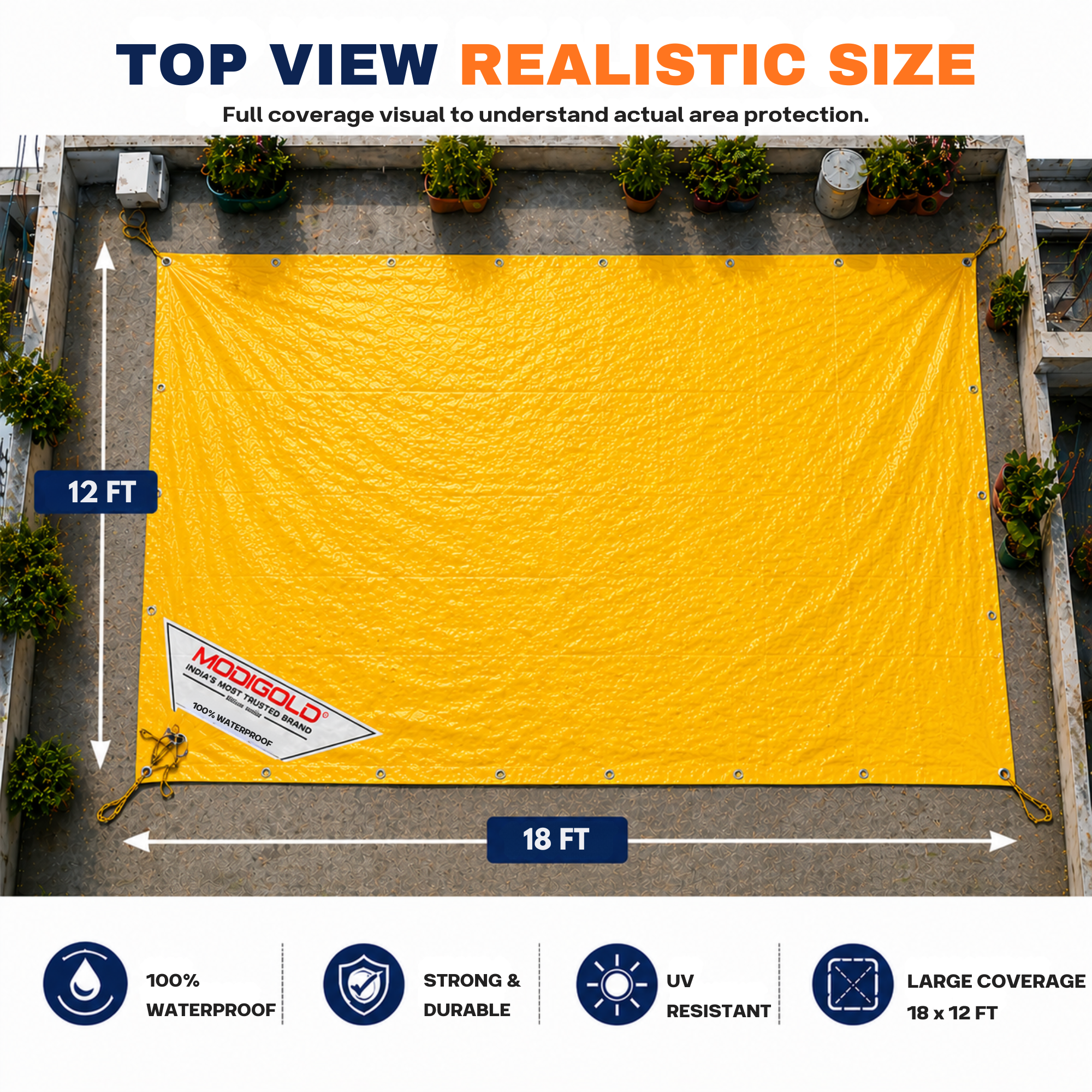 18FT x 12FT Yellow Tarpaulin Sheet Waterproof with 170 GSM, Virgin Material, UV Resistant,Aluminum Eyelets - Laminated, Heavy Duty Tadpatri, Tarpaulin Plastic Sheet for Covering