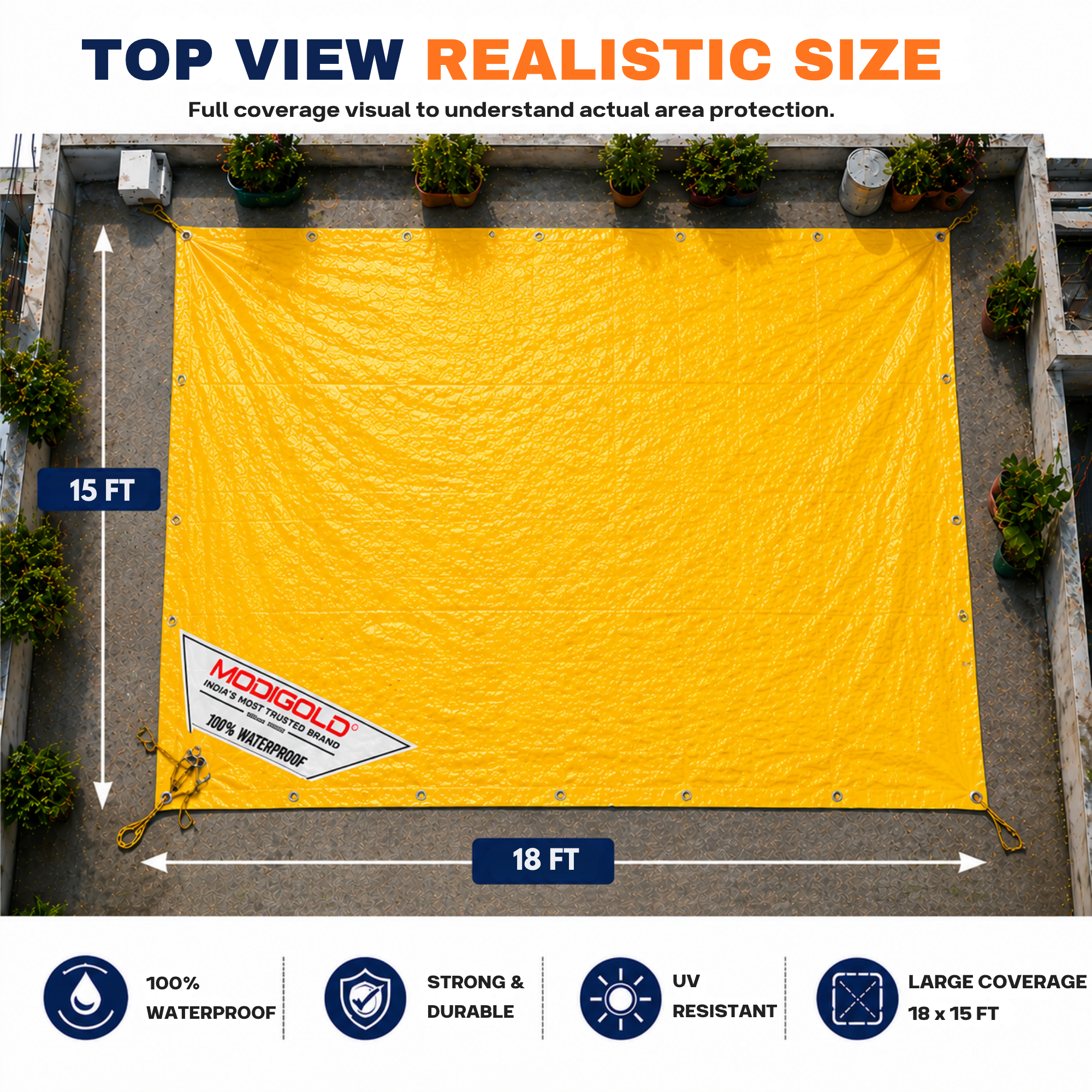 18FT x 15FT Yellow Tarpaulin Sheet Waterproof with 170 GSM, Virgin Material, UV Resistant,Aluminum Eyelets - Laminated, Heavy Duty Tadpatri, Tarpaulin Plastic Sheet for Covering