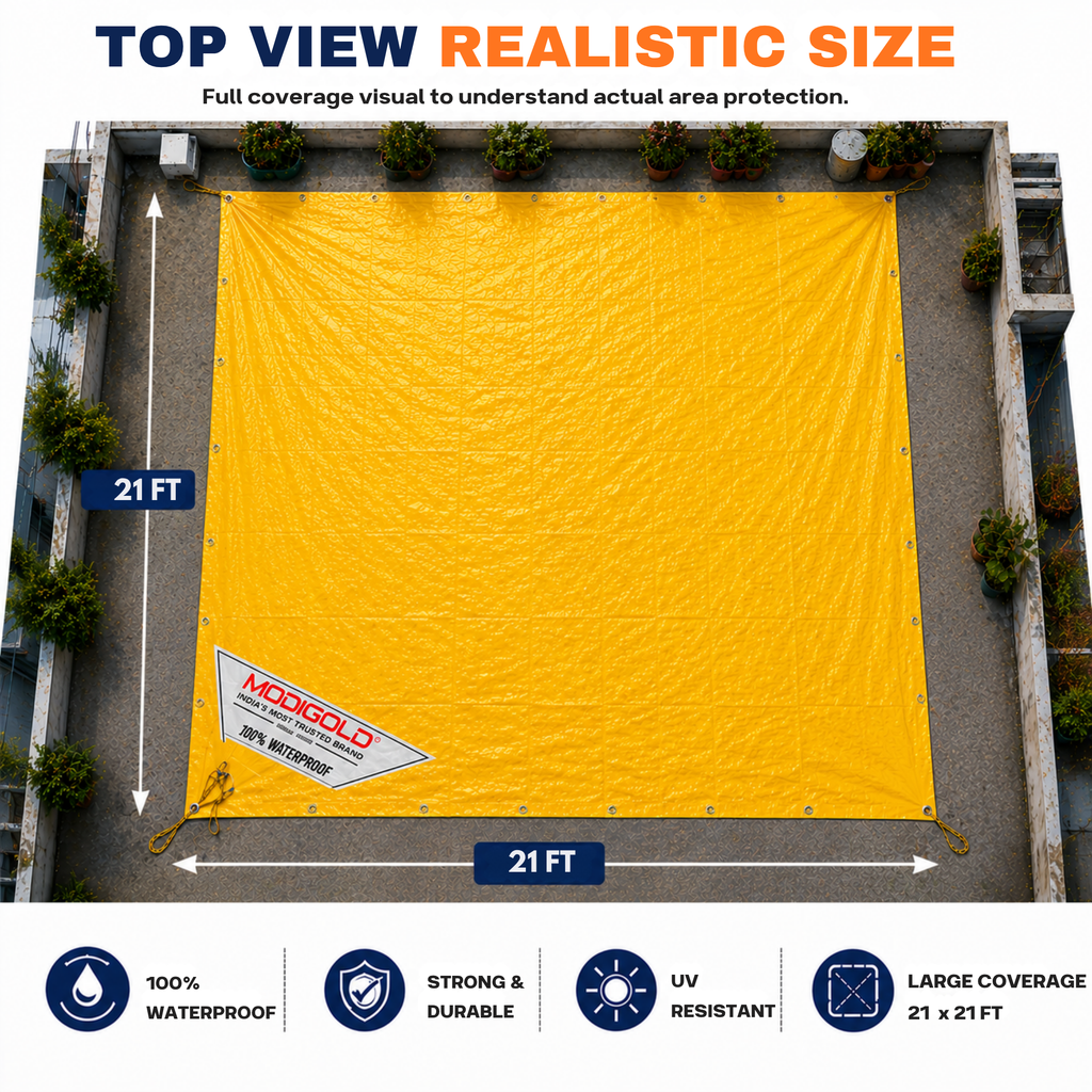 21FT x 21FT Yellow Tarpaulin Sheet Waterproof with 170 GSM, Virgin Material, UV Resistant,Aluminum Eyelets - Laminated, Heavy Duty Tadpatri, Tarpaulin Plastic Sheet for Covering
