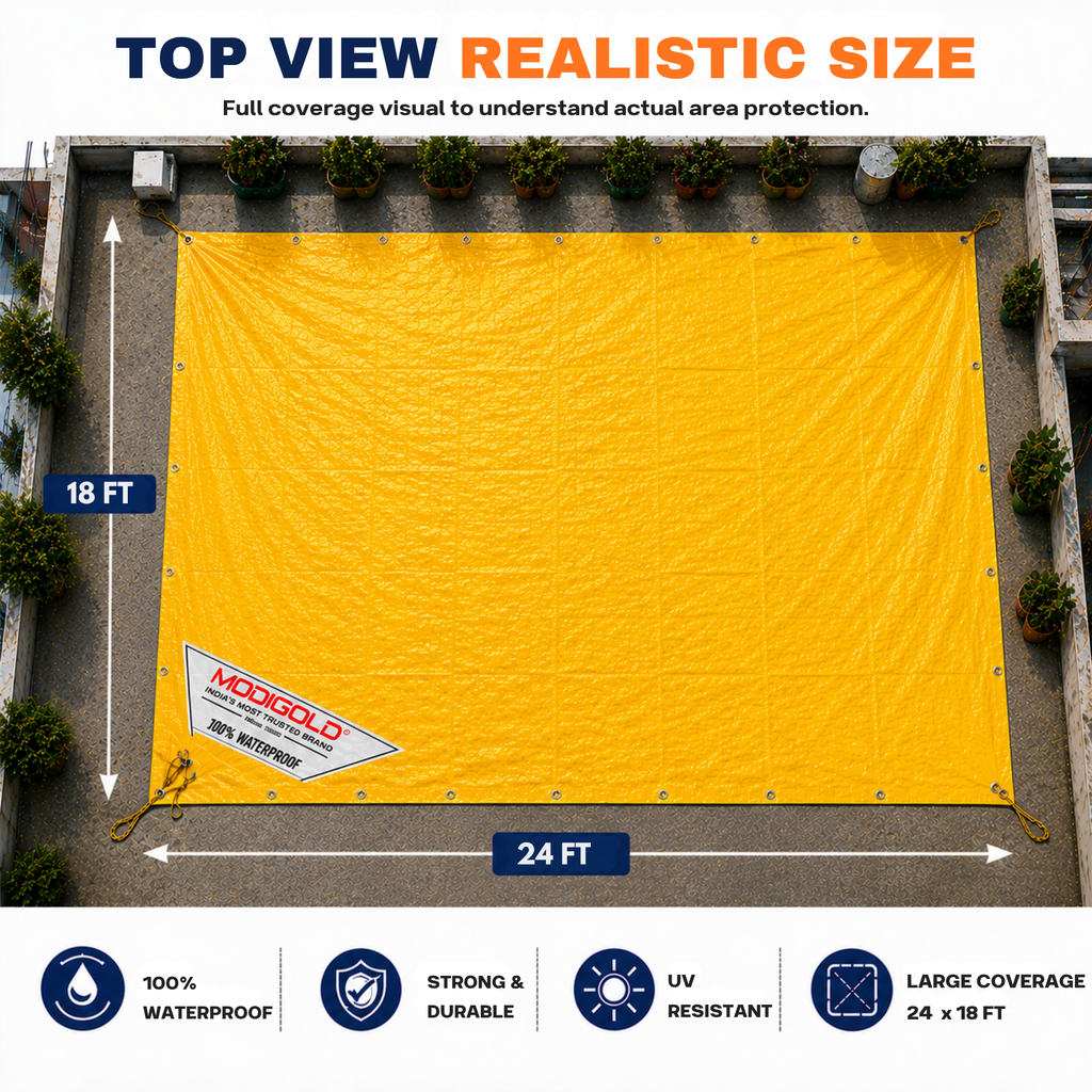 24FT x 18FT Yellow Tarpaulin Sheet Waterproof with 170 GSM, Virgin Material, UV Resistant,Aluminum Eyelets - Laminated, Heavy Duty Tadpatri, Tarpaulin Plastic Sheet for Covering