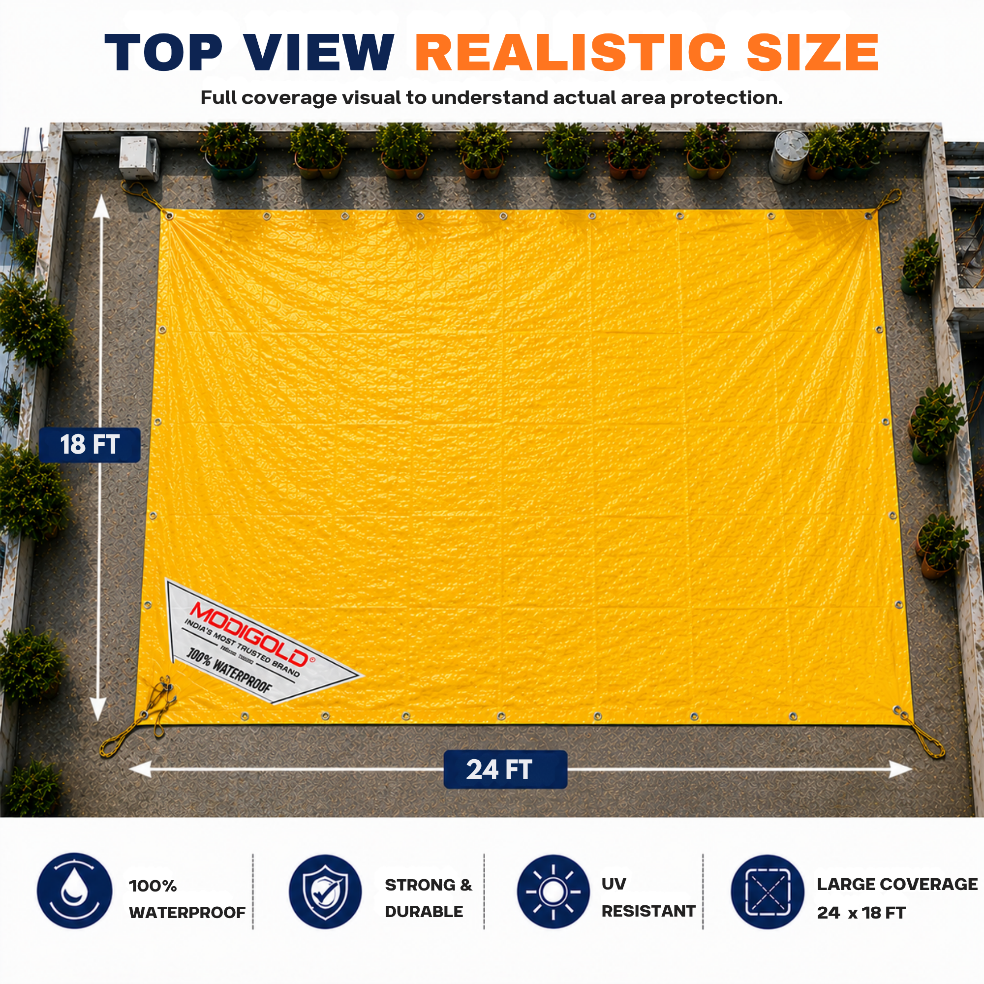 24FT x 18FT Yellow Tarpaulin Sheet Waterproof with 170 GSM, Virgin Material, UV Resistant,Aluminum Eyelets - Laminated, Heavy Duty Tadpatri, Tarpaulin Plastic Sheet for Covering