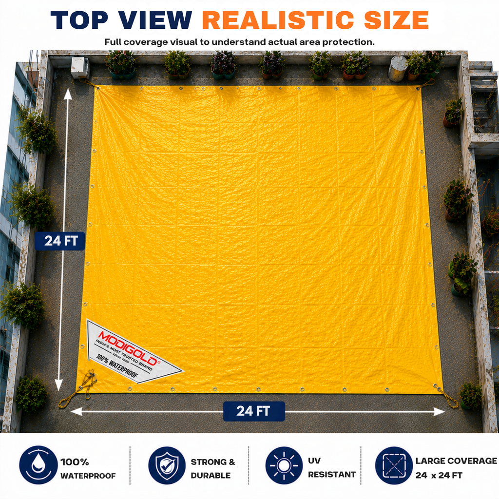 24FT x 24FT Yellow Tarpaulin Sheet Waterproof with 170 GSM, Virgin Material, UV Resistant,Aluminum Eyelets - Laminated, Heavy Duty Tadpatri, Tarpaulin Plastic Sheet for Covering