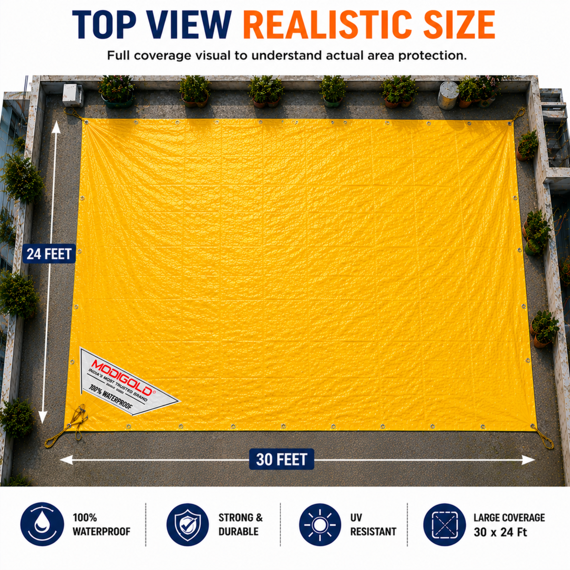 30FT x 24FT Yellow Tarpaulin Sheet Waterproof with 170 GSM, Virgin Material, UV Resistant,Aluminum Eyelets - Laminated, Heavy Duty Tadpatri, Tarpaulin Plastic Sheet for Covering