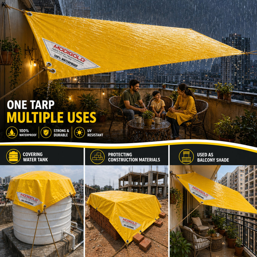 12FT x 06FT Yellow Tarpaulin Sheet Waterproof with 170 GSM, Virgin Material, UV Resistant,Aluminum Eyelets - Laminated, Heavy Duty Tadpatri, Tarpaulin Plastic Sheet for Covering